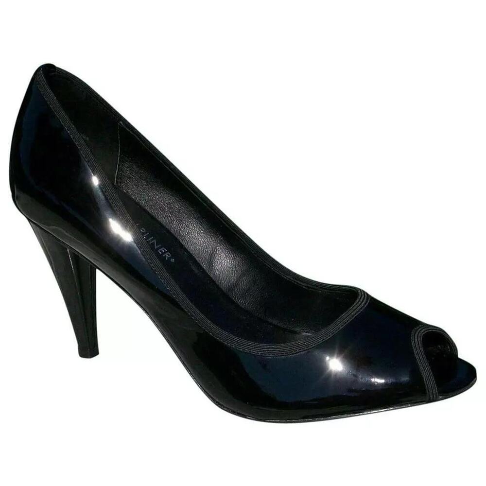 Donald Pliner Black Patent Leather Peep Toe Pump Shoe New 3.5" Heel NWT $245